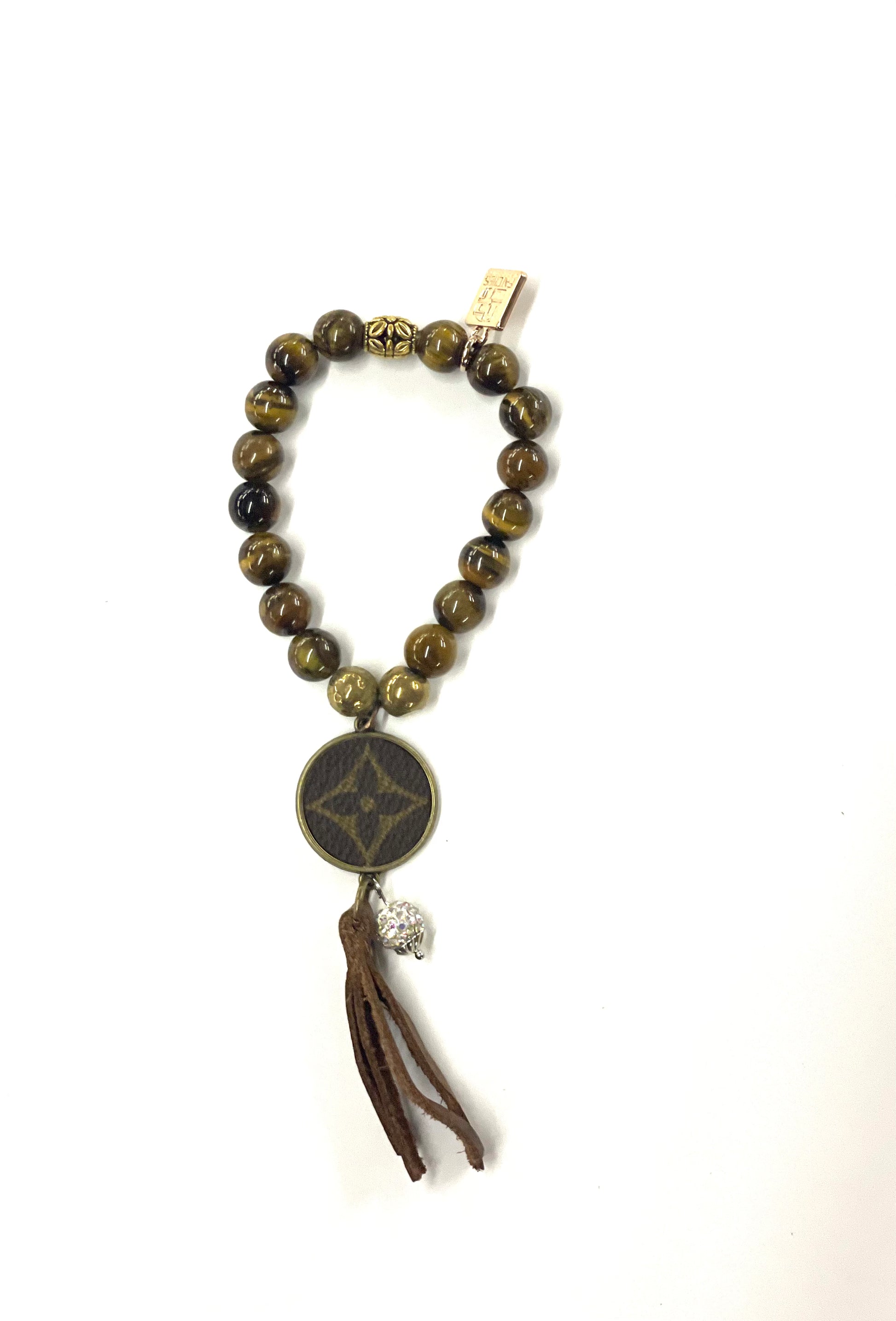 Hand beaded tiger eye stretchy bracelet with gold pendant & fringe - Patches Of Upcycling