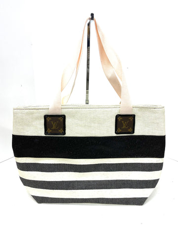 Beach tote in cream with black stripes (with light pink handles) - Patches Of Upcycling