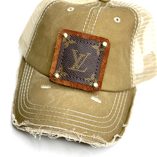 SS4 - Faded Khaki with Full Distressed Brim, Cream Back Brown/Antique - Patches Of Upcycling