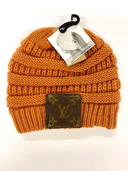 Burnt Orange Beanie (x-cross pony back) with brown patch antique hardware - Patches Of Upcycling