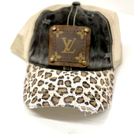 - Brown brim leopard with black top trucker Hat with Cream Mesh Brown/Antique - Patches Of Upcycling