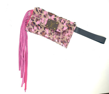 Petite Snap Wristlet with fringe in leopard & pink acid wash - Patches Of Upcycling