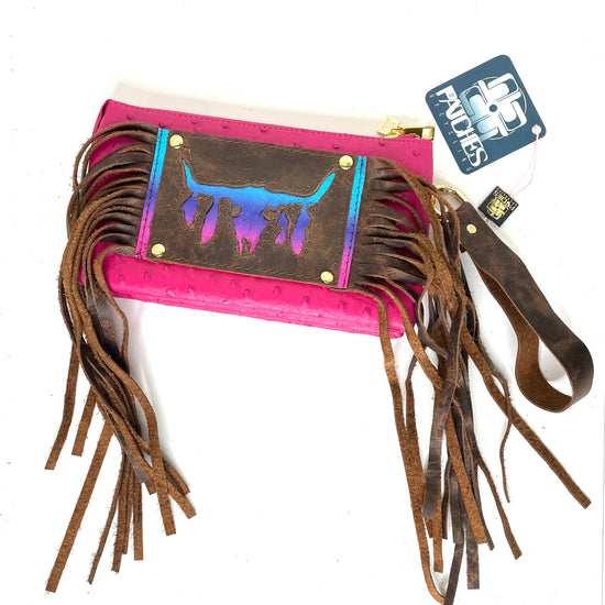Jill Crossbody and Wristlet wallet in Pink with gypsy longhorn - Patches Of Upcycling