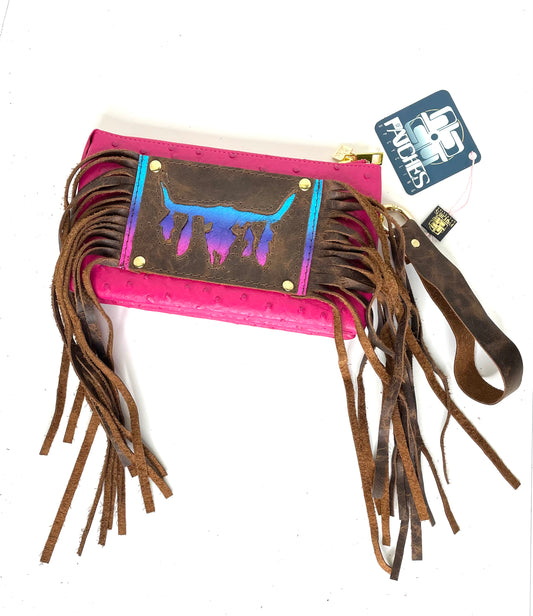 Jill Crossbody and Wristlet wallet in Pink with gypsy longhorn - Patches Of Upcycling