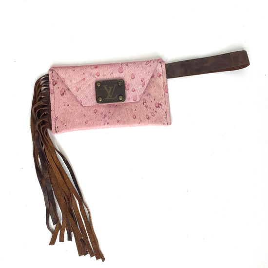Petite Snap Wristlet with fringe in pink acid wash - Patches Of Upcycling