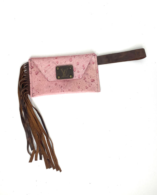 Petite Snap Wristlet with fringe in pink acid wash - Patches Of Upcycling