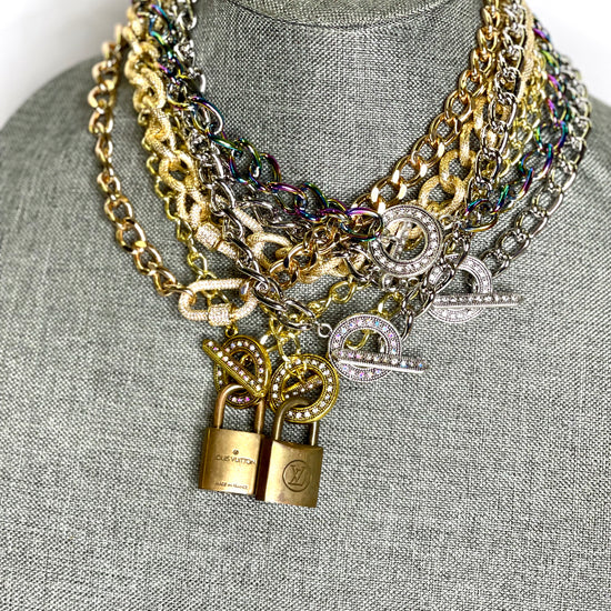 Silver Lock & Chain necklace in silver toggle AB Rhinestone - Patches Of Upcycling