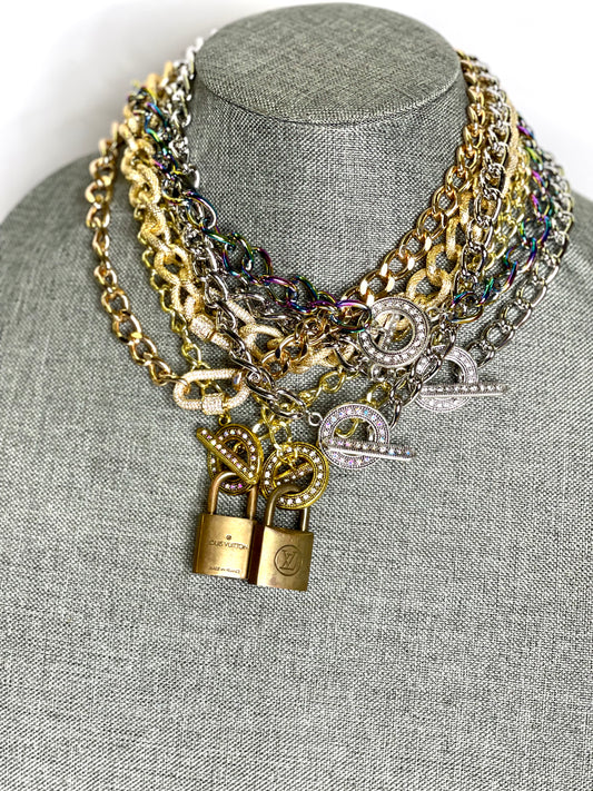 Silver Lock & Chain necklace in silver toggle AB Rhinestone - Patches Of Upcycling