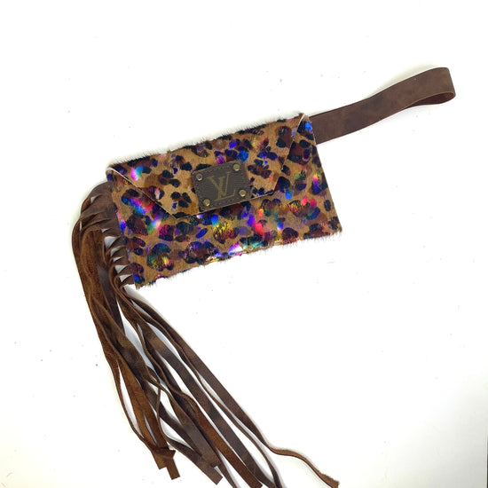 Petite Snap Wristlet with fringe in leopard & rainbow acid wash - Patches Of Upcycling