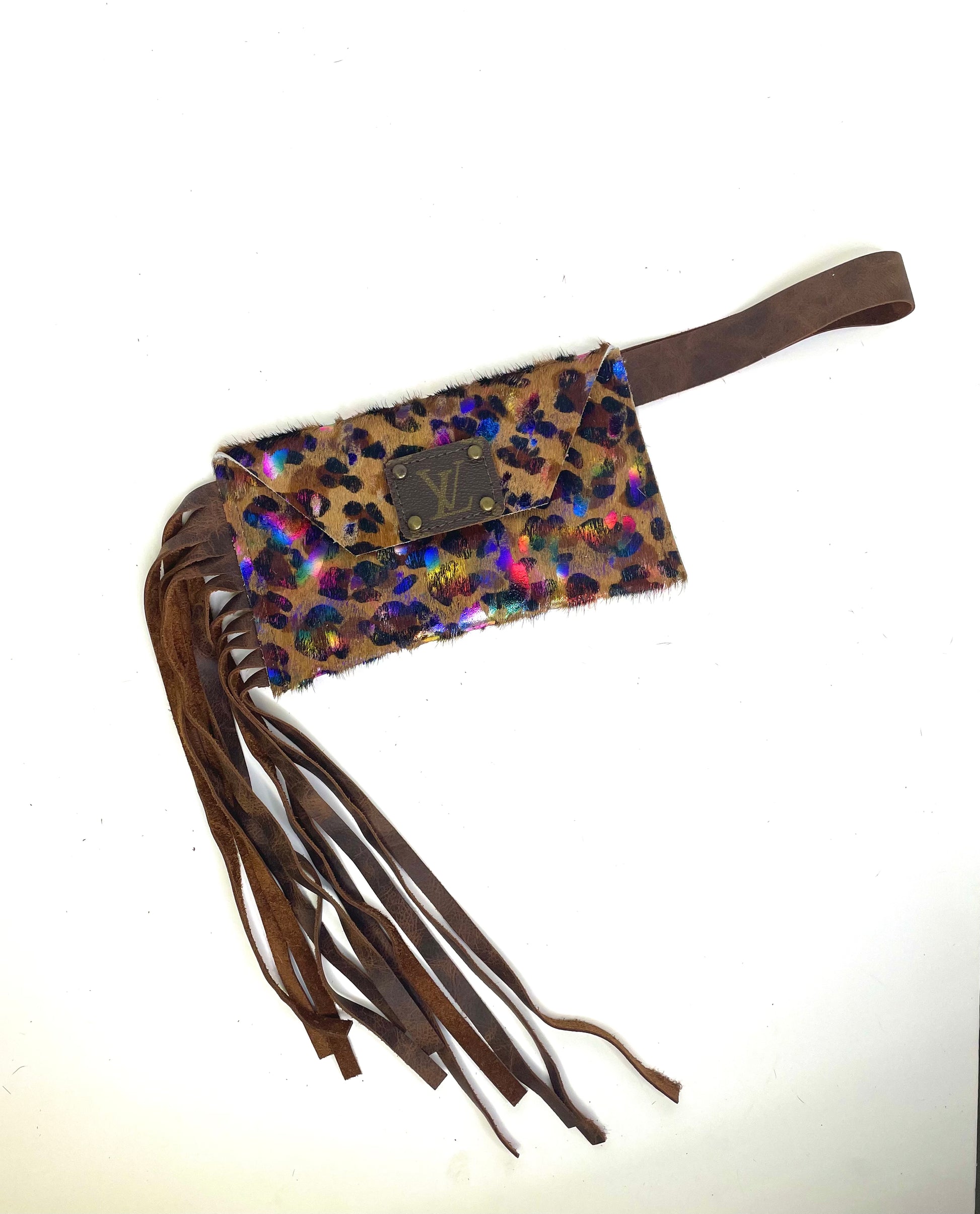 Petite Snap Wristlet with fringe in leopard & rainbow acid wash - Patches Of Upcycling