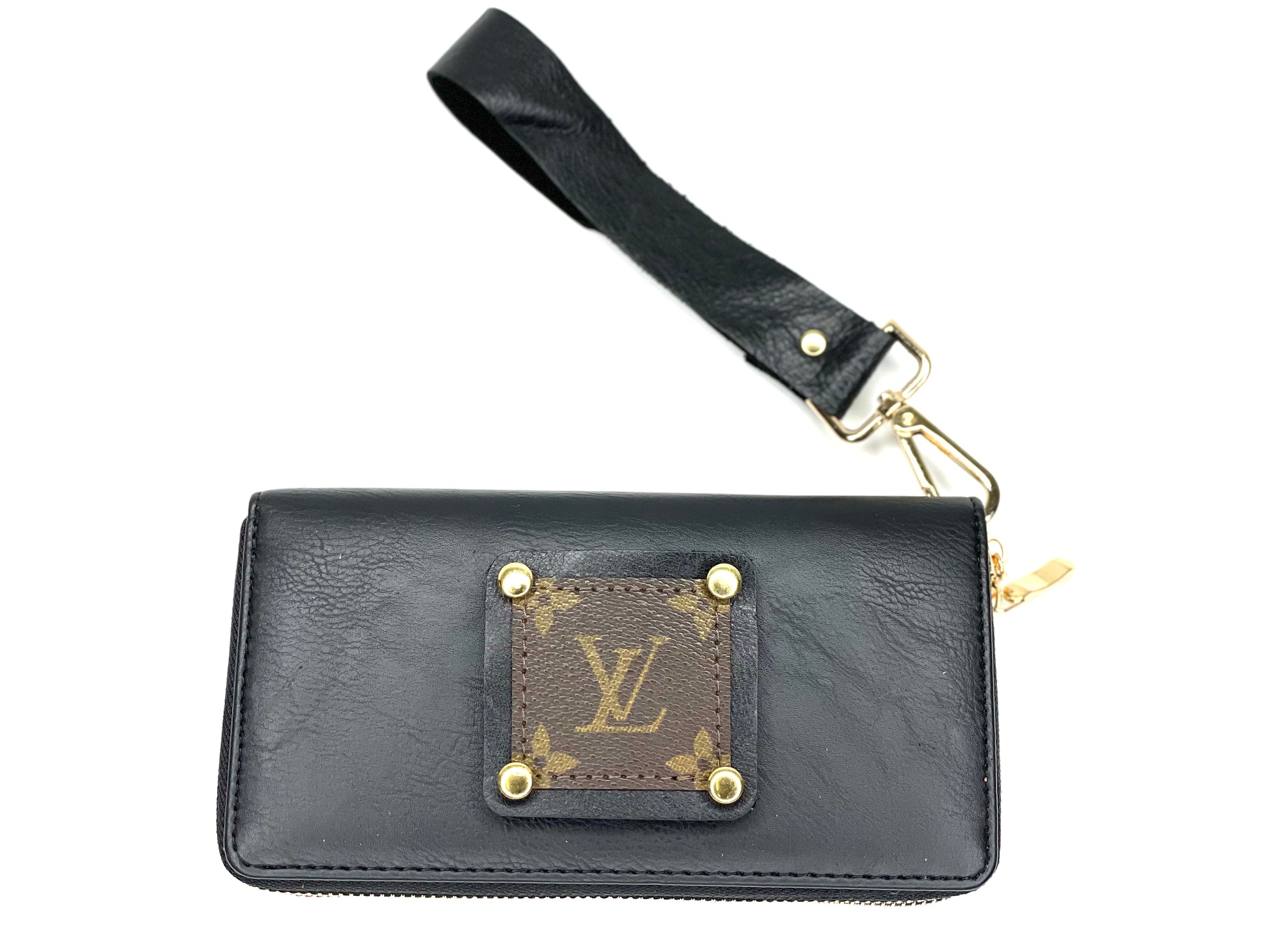 Double Wristlet Wallet in Black (black patch, gold hardware) - Patches Of Upcycling