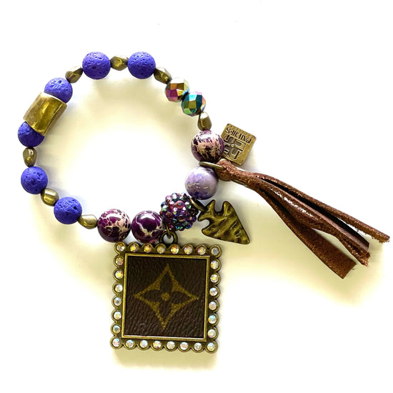 Stone- Purple hand beaded bracelet with square pendant - Patches Of Upcycling