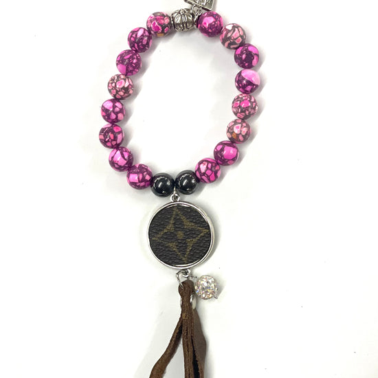 Hand beaded pink agate bracelet with silver pendant & fringe - Patches Of Upcycling