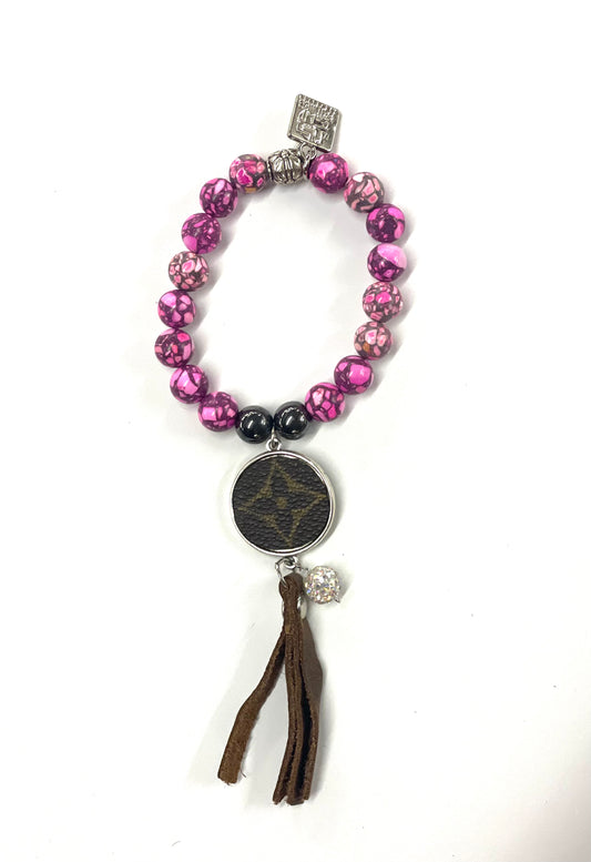 Hand beaded pink agate bracelet with silver pendant & fringe - Patches Of Upcycling