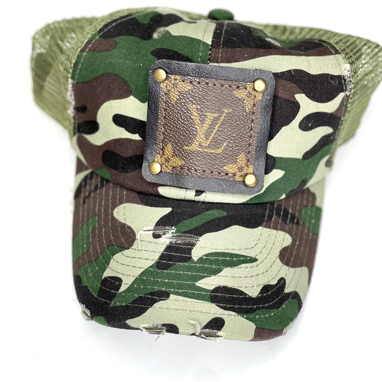 CC1- Distressed Camouflage Trucker Hat Green Mesh Back Black/Antique - Patches Of Upcycling