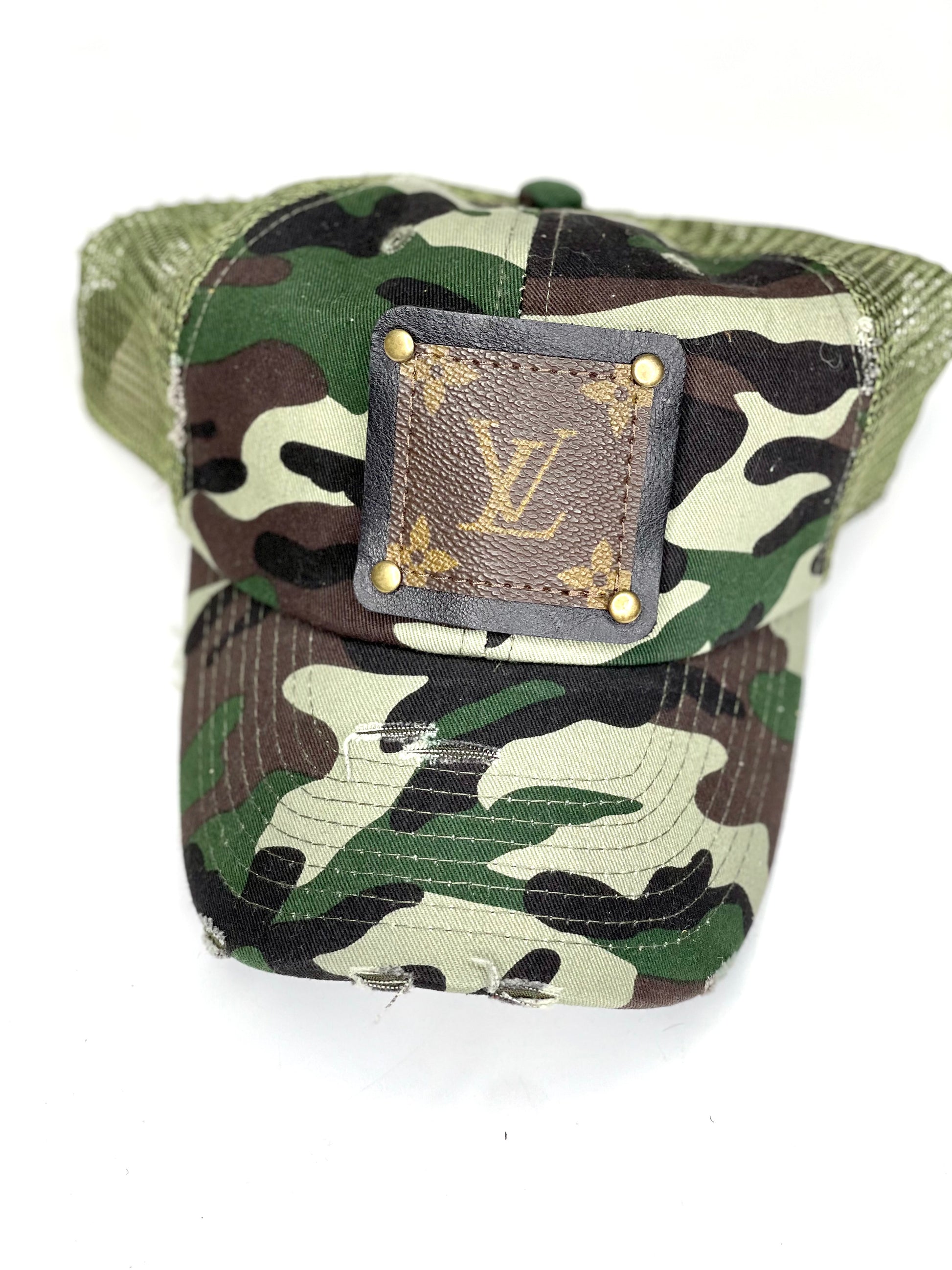 CC1- Distressed Camouflage Trucker Hat Green Mesh Back Black/Antique - Patches Of Upcycling