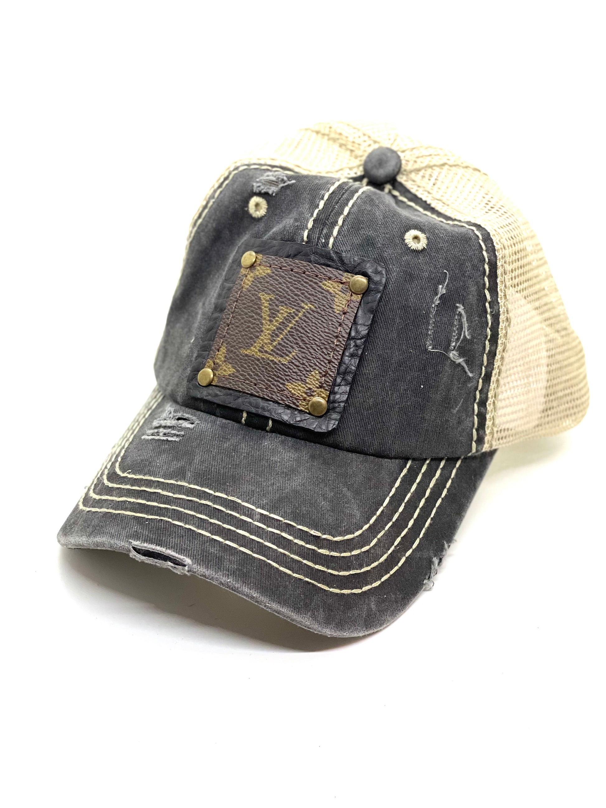 PP6 - Faded Distressed Black Crisscross Pony Hat with Cream Back Black/Antique - Patches Of Upcycling