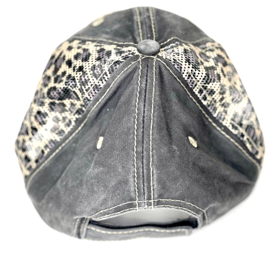 O2 - Faded Black hat with Twinkie leopard mesh backing Black/Black - Patches Of Upcycling