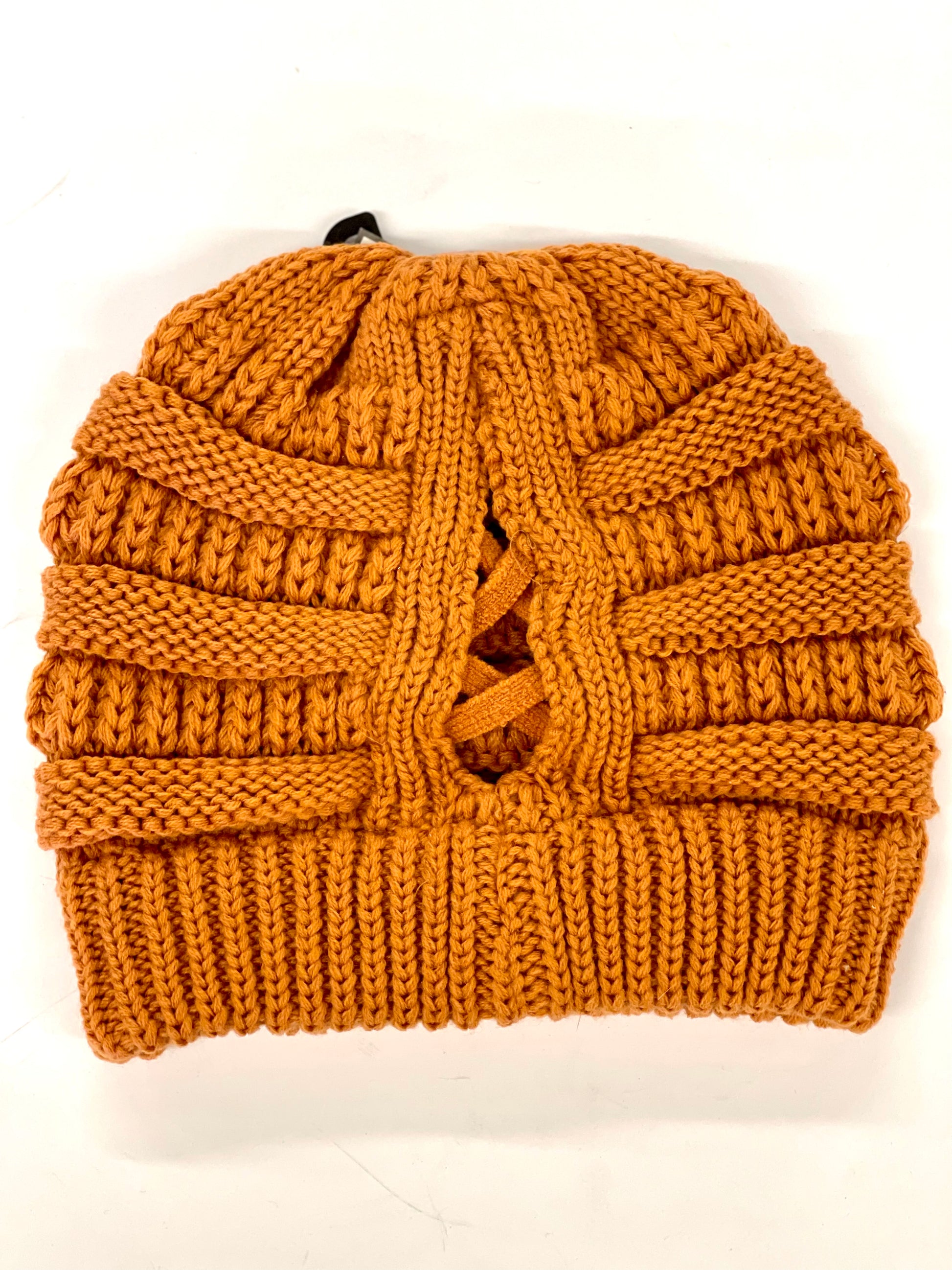 Burnt Orange Beanie (x-cross pony back) with brown patch antique hardware - Patches Of Upcycling
