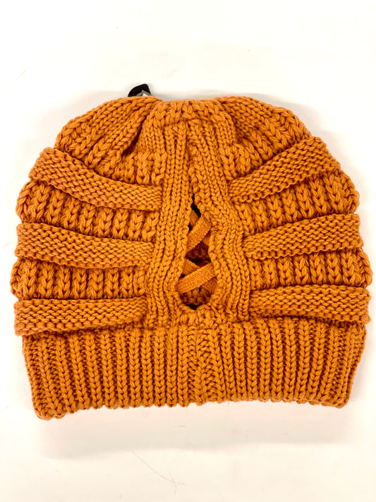 Burnt Orange Beanie (x-cross pony back) with brown patch antique hardware - Patches Of Upcycling