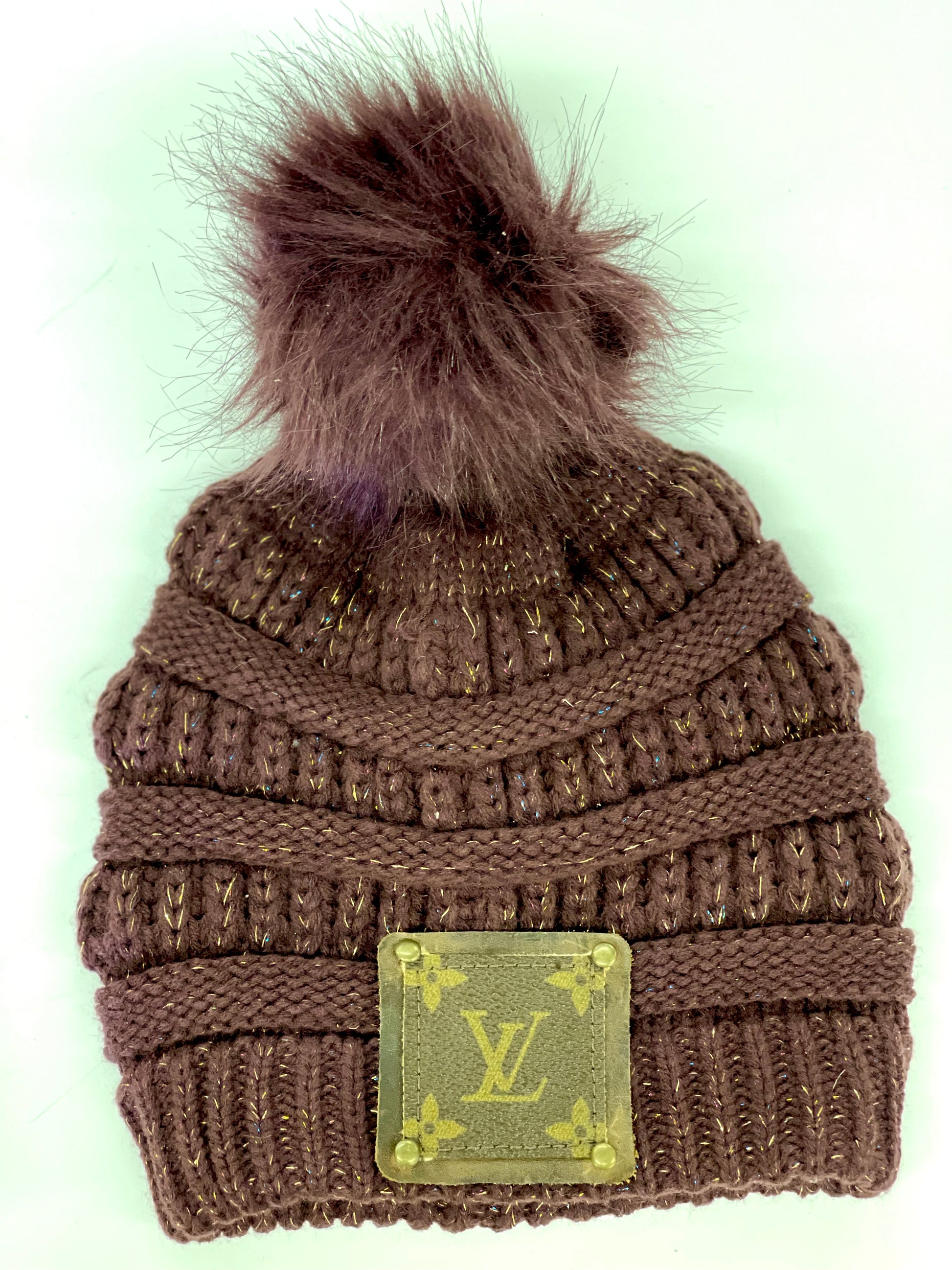 Maroon Beanie (iridescent in the yarn) with brown patch antique hardware - Patches Of Upcycling