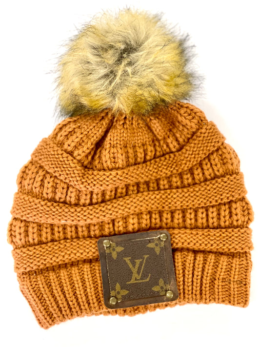 Burnt Orange Beanie with brown patch antique hardware - Patches Of Upcycling