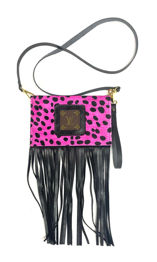 Small Crossbody in hot pink pony/Dalmatian and black patch - Patches Of Upcycling