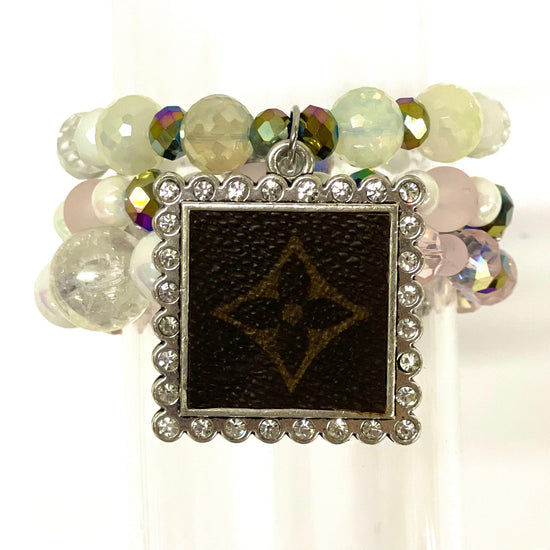 Hand beaded bracelet set iridescent, pink, clear with square silver pendant - Patches Of Upcycling