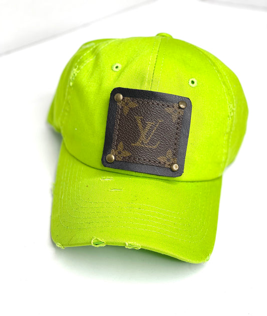GG13- Neon Green Distressed Dad Hat Brown/Gold - Patches Of Upcycling