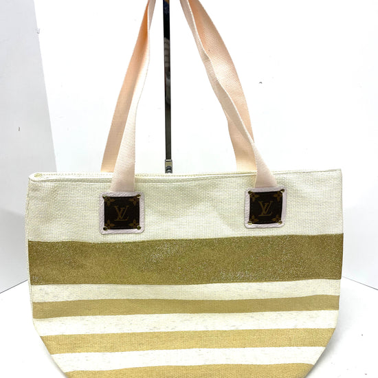 Beach tote in cream with gold stripes (light pink handles) - Patches Of Upcycling