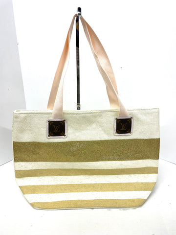 Beach tote in cream with gold stripes (light pink handles) - Patches Of Upcycling