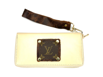 Double Wristlet Wallet in Cream (brown patch, gold hardware) - Patches Of Upcycling