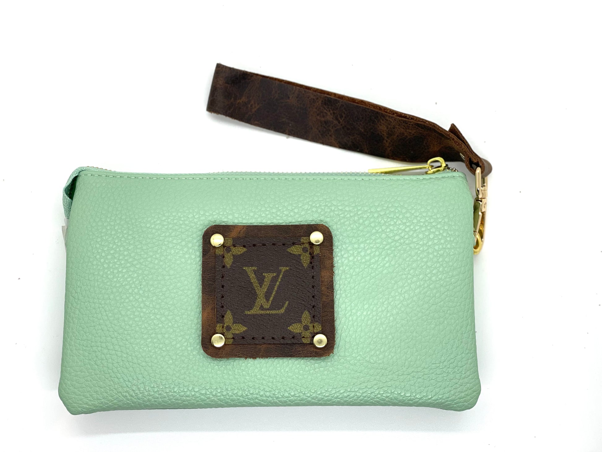 Jill in mint (brown patch) with leather strap - Patches Of Upcycling