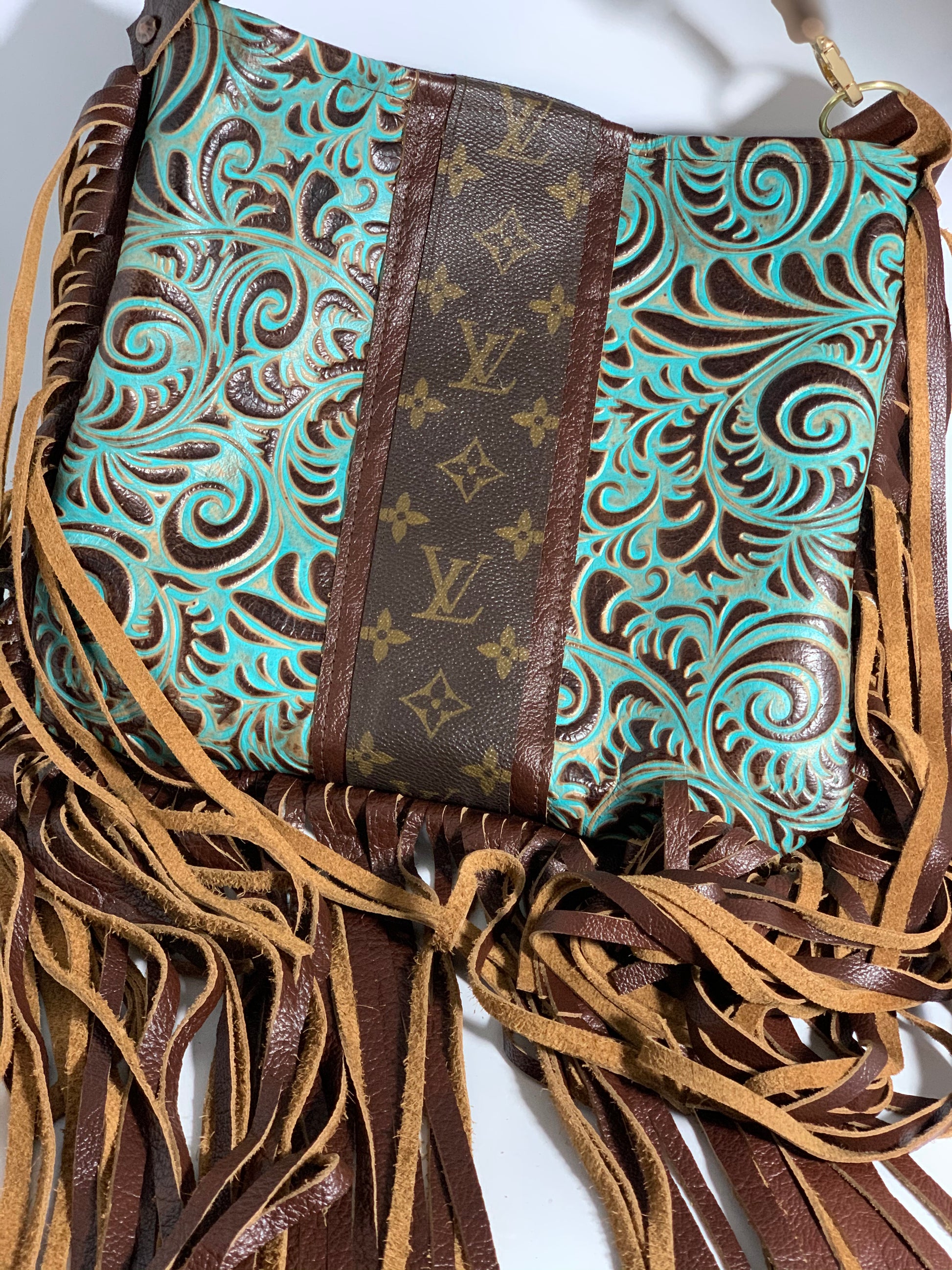 Medium Crossbody - Embossed Ariel Swirl, Brown Strip - Patches Of Upcycling