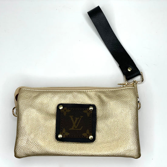 Jill in gold (black patch) with leather strap - Patches Of Upcycling