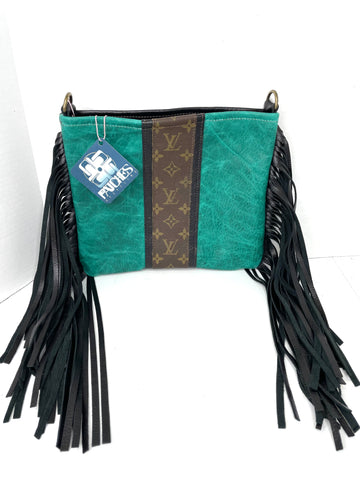 Medium Crossbody turquoise green in black strip - Patches Of Upcycling