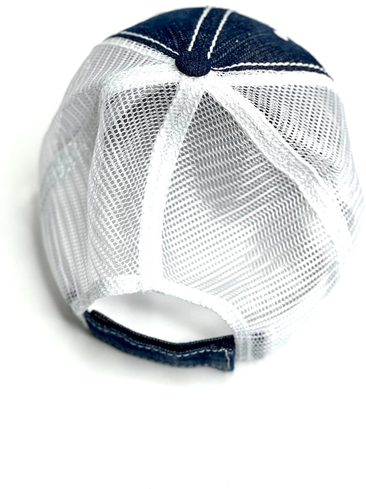 PP10 - Aleiko, Distressed blue Jean Hat with White Back White/Silver - Patches Of Upcycling