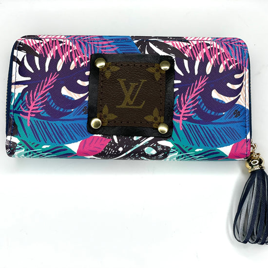 Single Wallet Dark blue, purple, & pink tropical (black patch, gold hardware) - Patches Of Upcycling