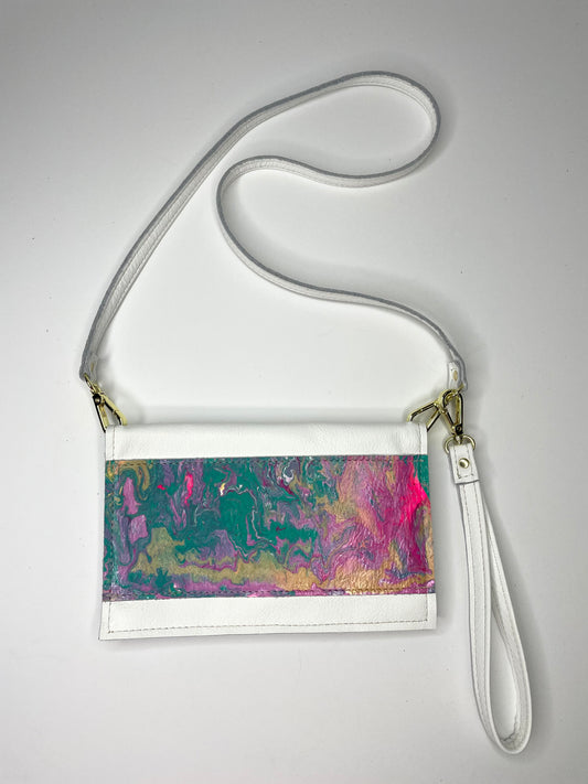 Small Crossbody Kaleidoscope white with pink, green, and gold - Patches Of Upcycling