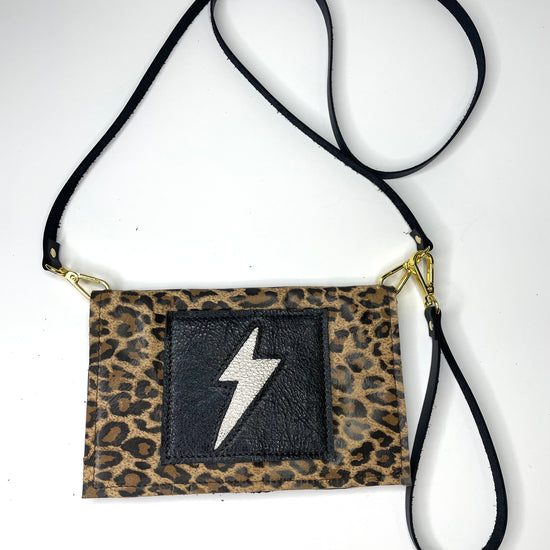 Small Crossbody leopard with black patch and silver lightening bolt - Patches Of Upcycling