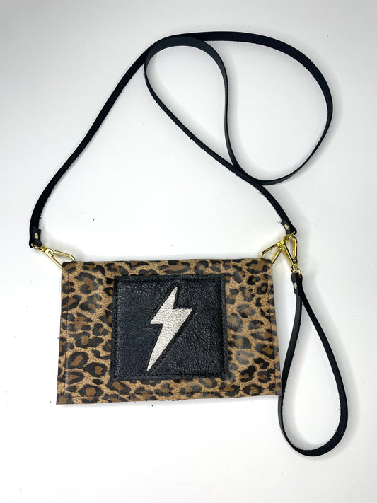 Small Crossbody leopard with black patch and silver lightening bolt - Patches Of Upcycling