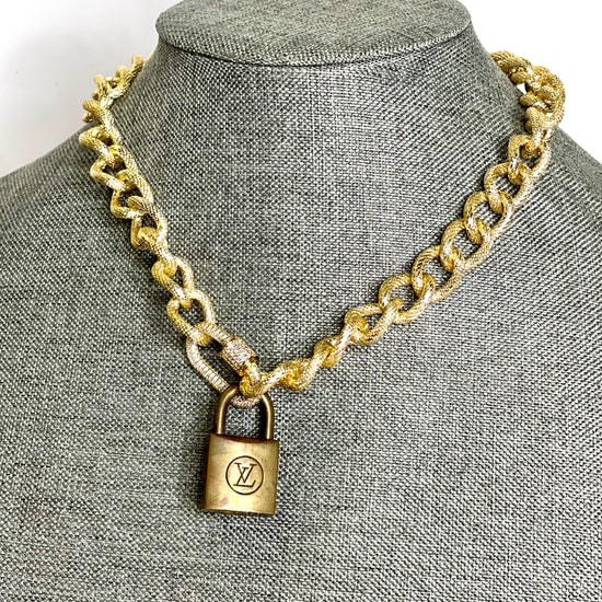 Lock & Chain necklace in gold Clear Rhinestone - Patches Of Upcycling