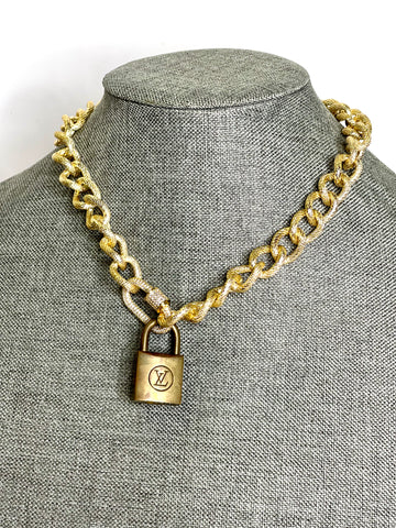 Lock & Chain necklace in gold Clear Rhinestone - Patches Of Upcycling