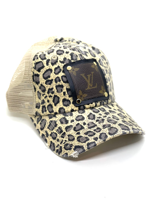 E2 - Cream Leopard Trucker Hat Cream Mesh Black/Gold - Patches Of Upcycling