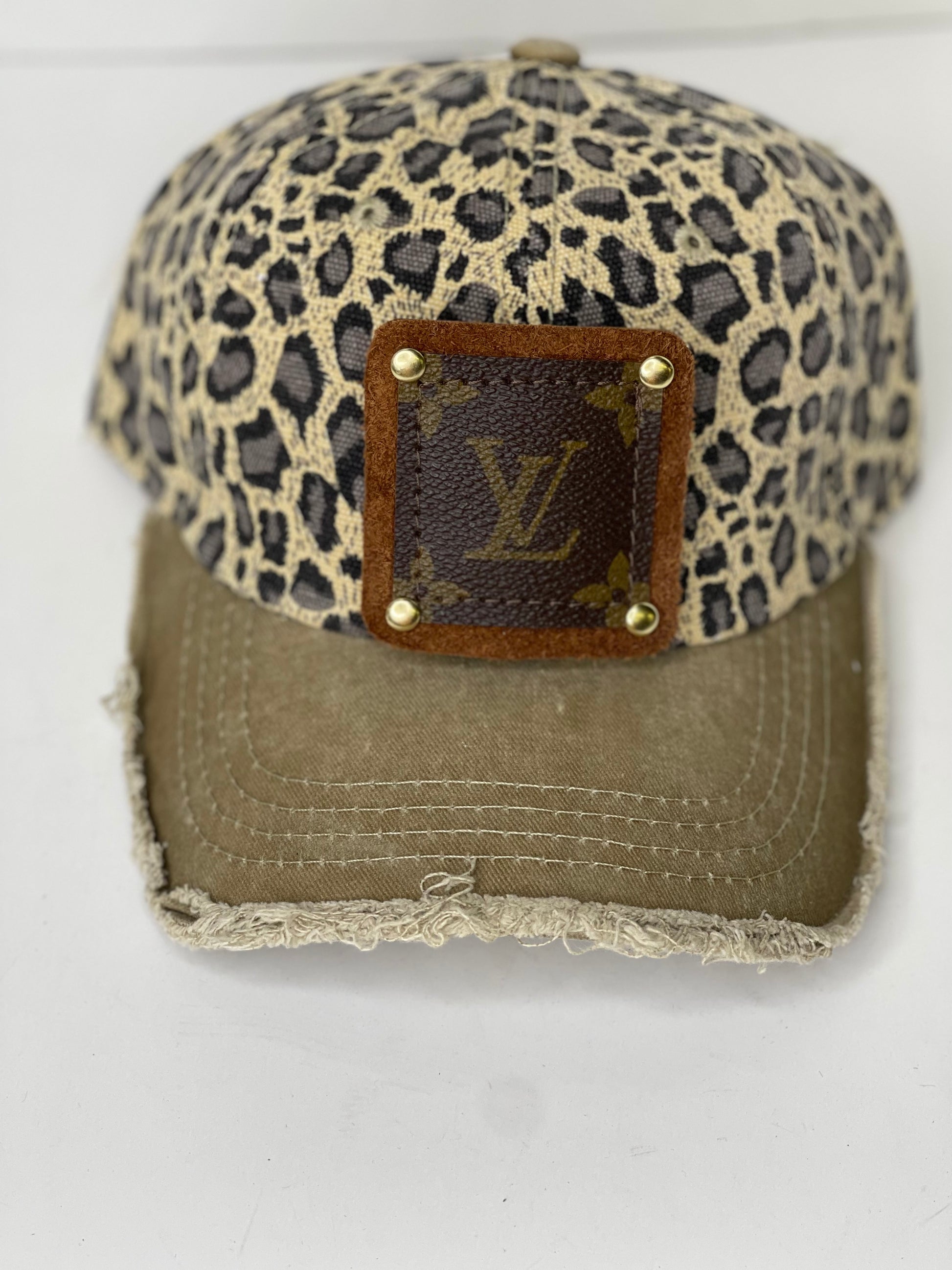 P2 - Cream Leopard hat with Distressed camel bill Brown/Gold - Patches Of Upcycling
