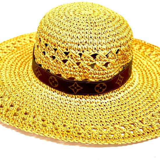 Tan sun hat with flourish hat belt - Patches Of Upcycling