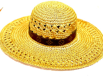 Tan sun hat with flourish hat belt - Patches Of Upcycling