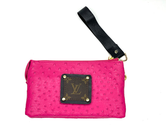 Jill in pink ostrich (black patch) with leather strap - Patches Of Upcycling