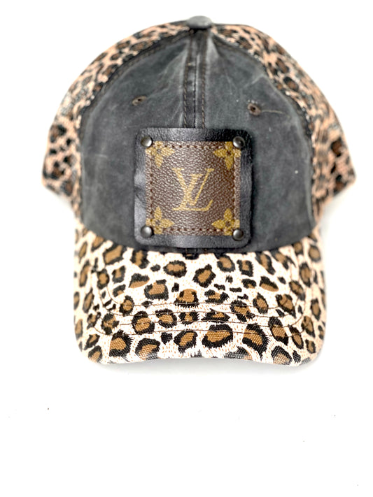 O3 - Faded Black hat with Reese leopard mesh backing Black/Black - Patches Of Upcycling