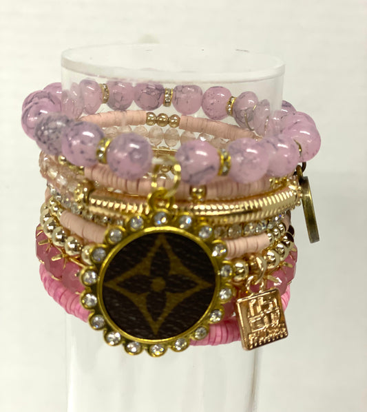 Poppy Pink Stacked Bracelet set- Gold Clear - Patches Of Upcycling